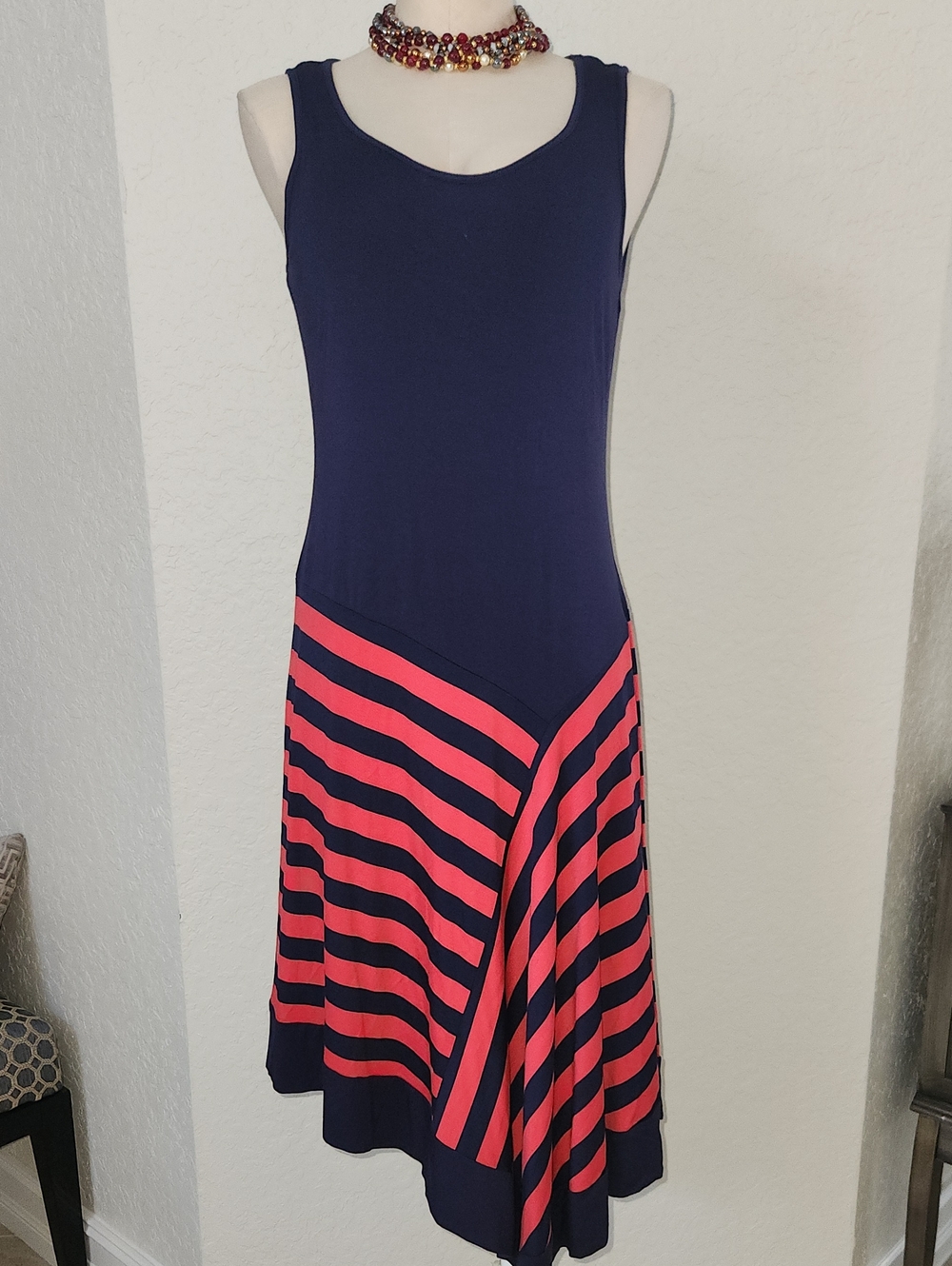 Spense Navy and Coral Asymmetrical Stripe Sleeveless Dress